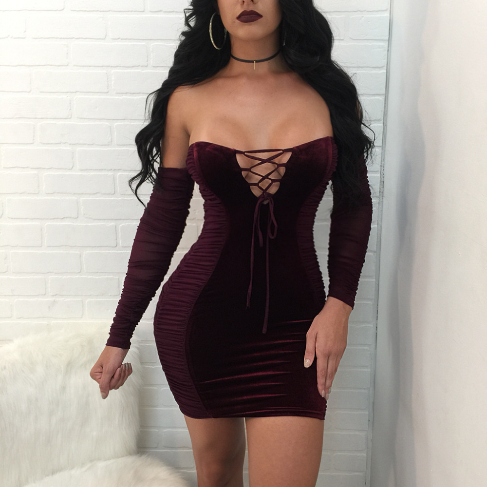 亚马逊eBay 欧美女装性感金丝绒秋季抹胸连衣裙 大抽皱长袖超短裙