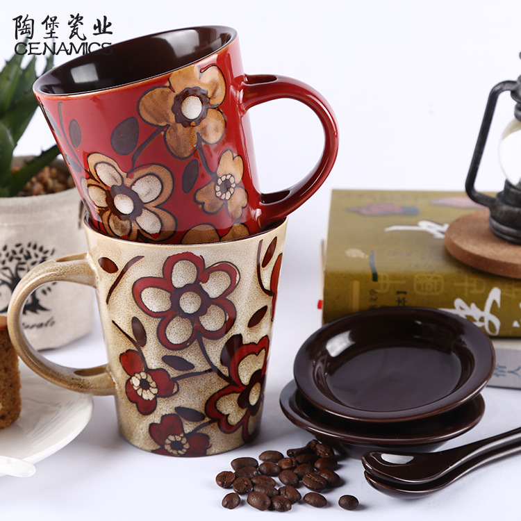 创意满花陶瓷咖啡杯套装居家咖啡厅牛奶咖啡杯子马克杯带勺可配盖