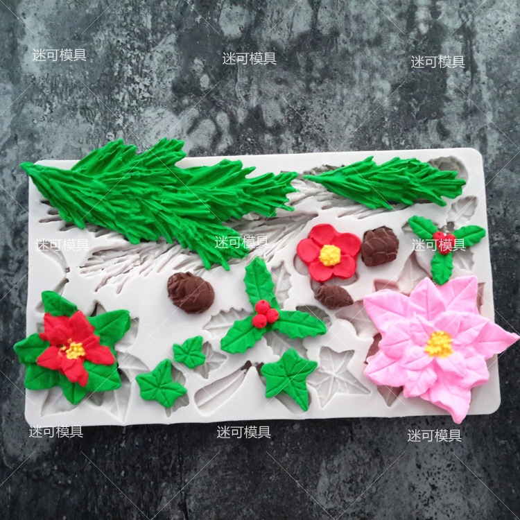 Fondant molde de silicona Flor de Navidad deja molde de pastel molde de chocolate de ritmo seco molde de arcilla ultraligera