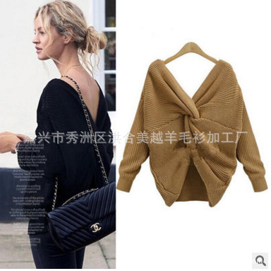 速卖通外贸欧美大码女装2025春秋新款纯色V领露背长袖针织衫毛衣