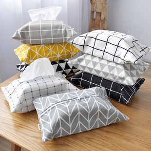 Double-layer Zipper Pastoral Imitation Cotton and Linen Tape Black White Plaid Tissue Box Fabric Household Car Tissue Bag
