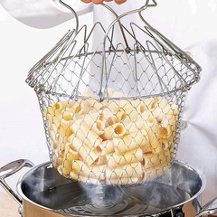 Stainless steel foldable frying basket, chef basket, new telescopic frying basket, multifunctional kitchen basket