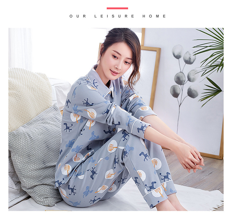 【秋季女睡衣中年少妇扣子套装夏季纯棉长袖女