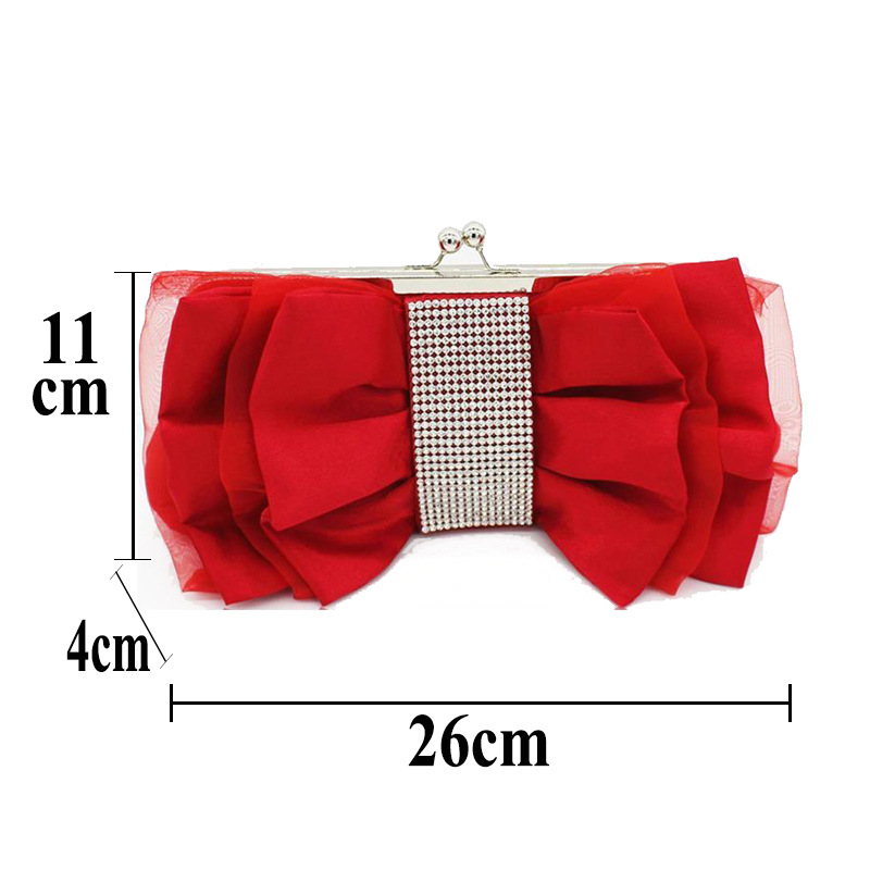 Túi clutch dạ tiệc satin nơ xếp ly đính kim cương – kèm dây đeo chéo — Màu đỏ, Màu đen, Màu Sâm panh, Màu bạc chi tiết 1