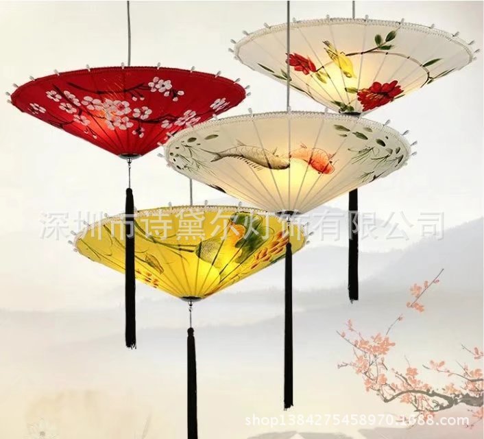 中式伞灯 布艺吊灯 手绘花纹吊灯 新中式吊灯 饭店装饰灯-阿里巴巴