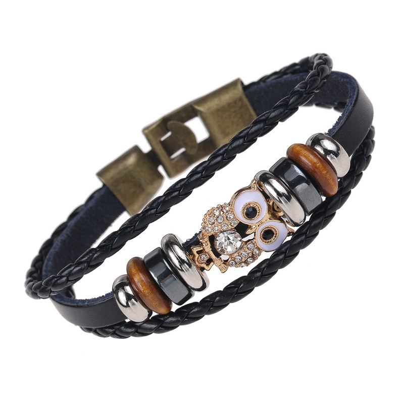 Foreign trade new European and American best selling rhinestone owl leather bracelet punk leather buckle bracelet manufacturers wholesale