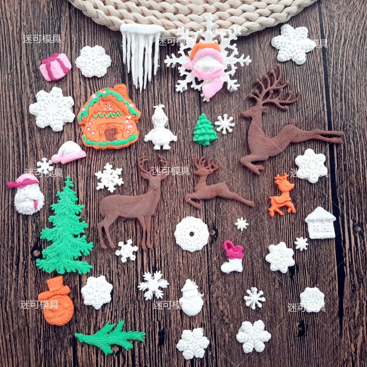 Navidad serie ELK copo de nieve fondant molde de silicona Navidad casa molde de pastel de chocolate DIY herramienta abrasiva epoxi