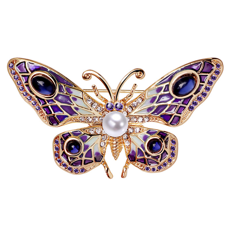 European and American enamel painted butterfly brooch, freshwater pearl opal pin, sweater chain dual use_voghion.com