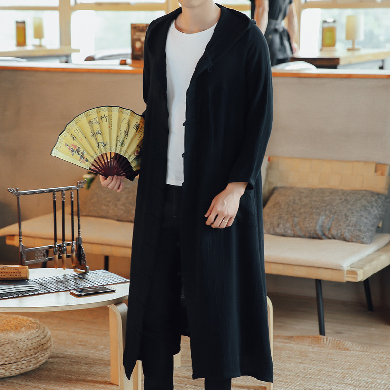 New Men's Hooded Cotton and Linen Long Coat Japanese Style Retro Loose Linen Mori Style Chinese Style Antique Jacket