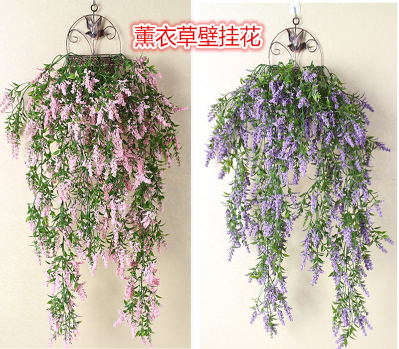 仿真壁挂假花塑料花客厅束装饰植物花篮藤条新款薰衣草壁挂花批发