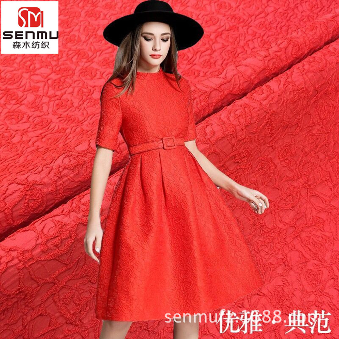 新款欧美立体玫瑰提花面料全涤印花底布色织布时装连衣裙布料