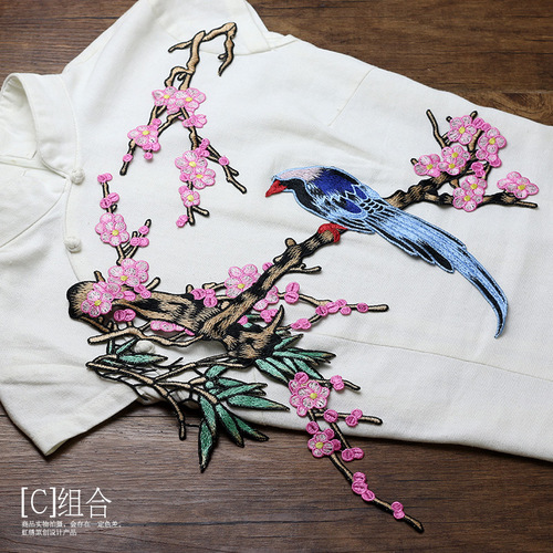 Peony, bamboo, bird and flower large size fabric patches computer embroidery cheongsam dress decoration embroidery flower patches DIY handmade sewing
