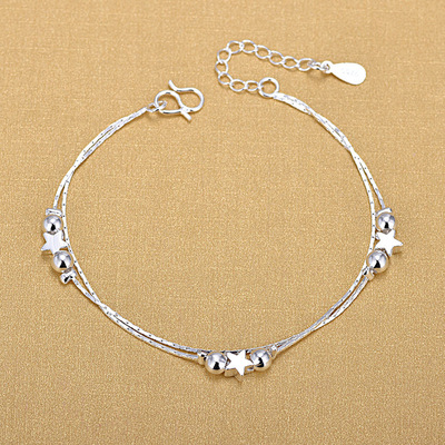 韩版镀银脚饰 女实心五角星双珠夹星脚链 百搭秀气手链 女款饰品