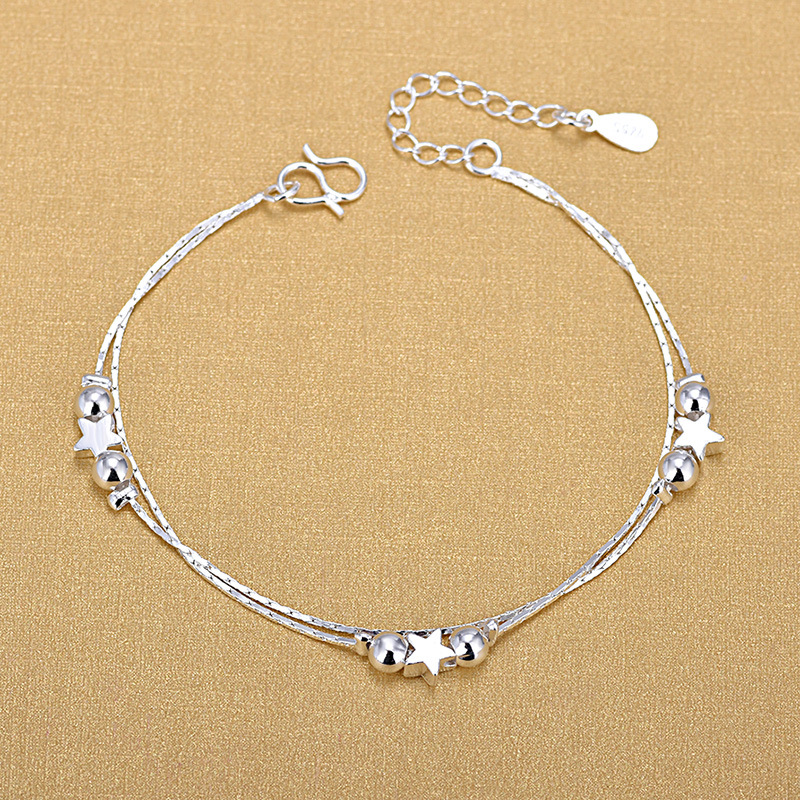 韩版镀银脚饰 女实心五角星双珠夹星脚链 百搭秀气手链 女款饰品