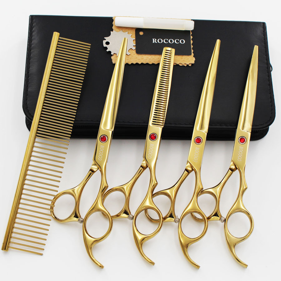 7.0寸 金色 电镀4把装 宠物美容剪刀 直剪牙剪弯剪 套装厂家直销