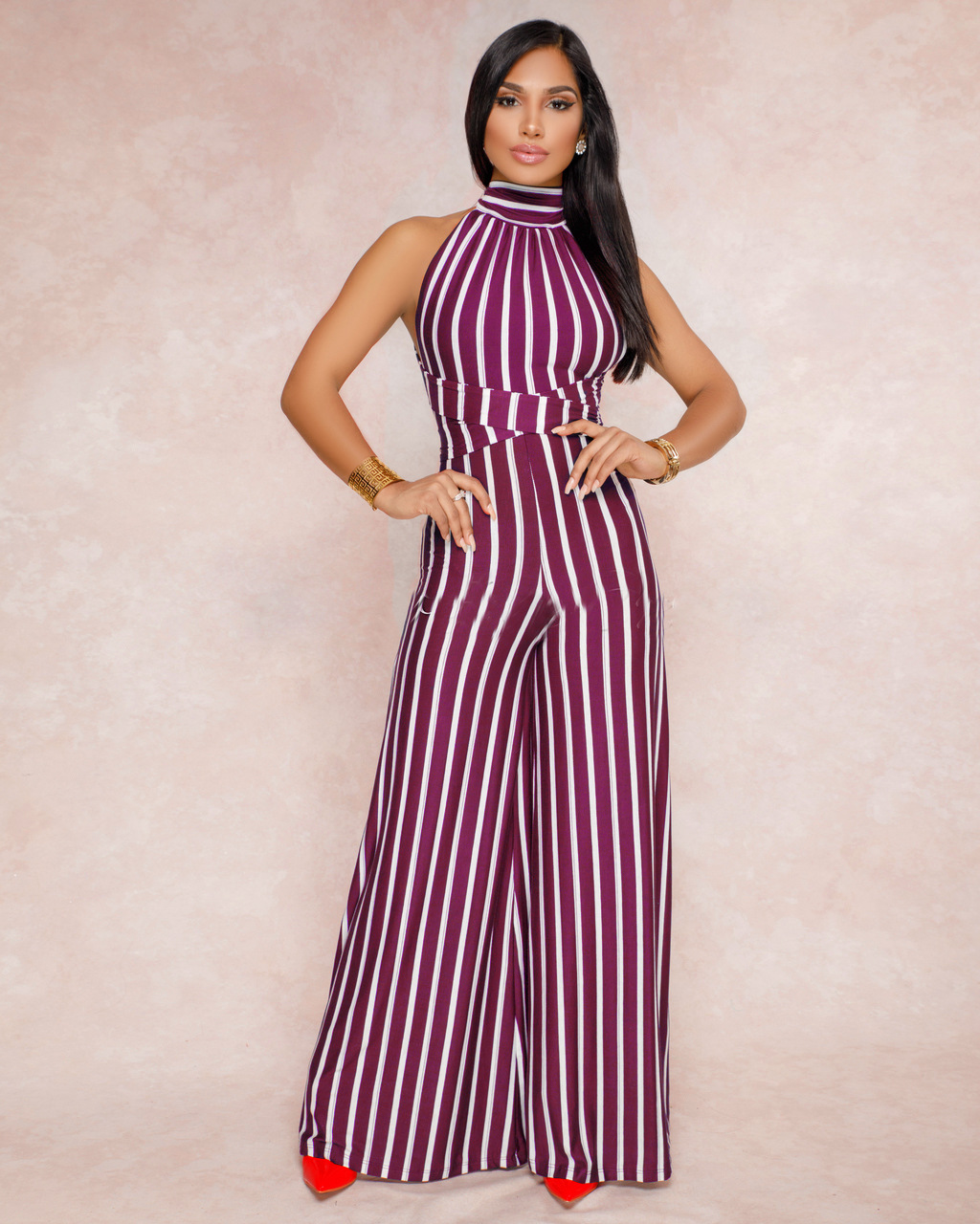 Striped Lace Up Backless Wide Leg Jumpsuit NSMRF116732