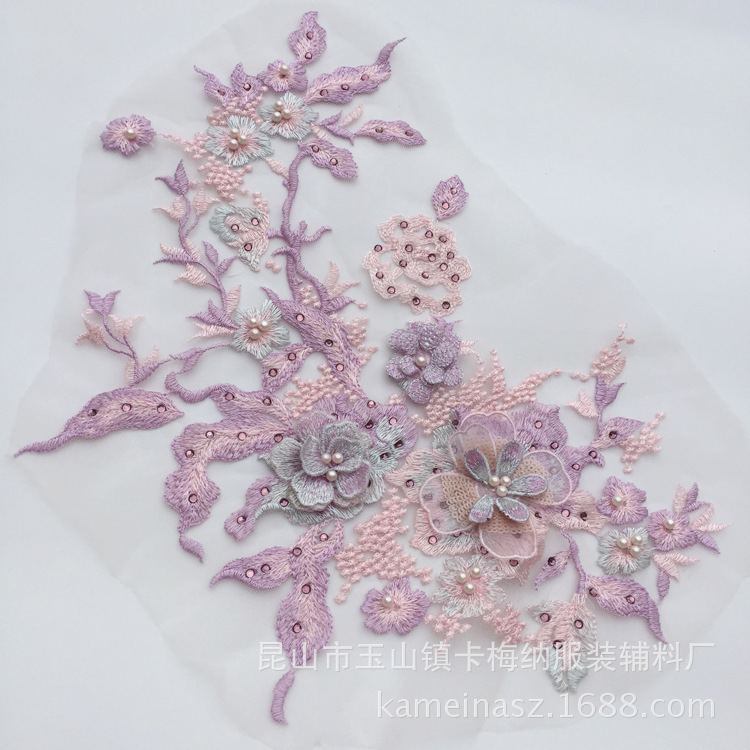 Poliéster bordado de seda macaron negro oro azul con cuentas de diamantes de imitación tridimensional encaje flor pegatinas bordado flor parche