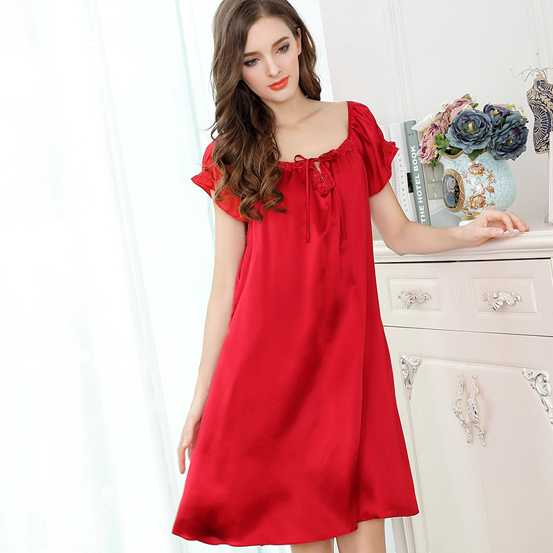 New silk pajamas female summer sexy short-sleeved nightdress lace v-colraposed silk home service S2504