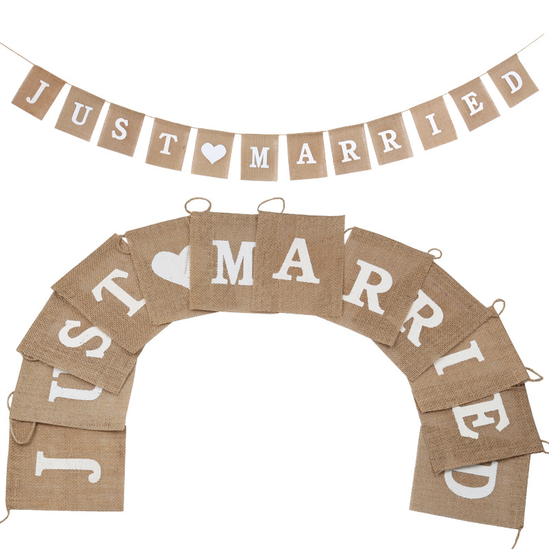 复古麻布三角旗 Just married麻布旗 婚礼装饰拉旗 字母横幅