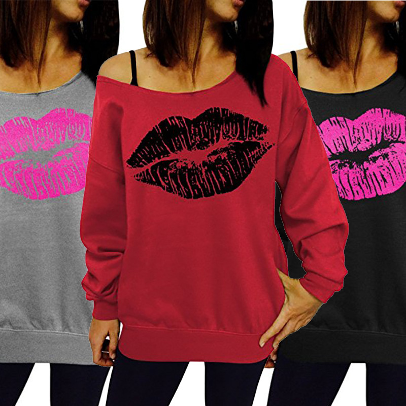 Off Shoulder Long Sleeve Sweatshirt Loose Fit Lip Print Casual Style Womens Top for Everyday Wear Wholesale