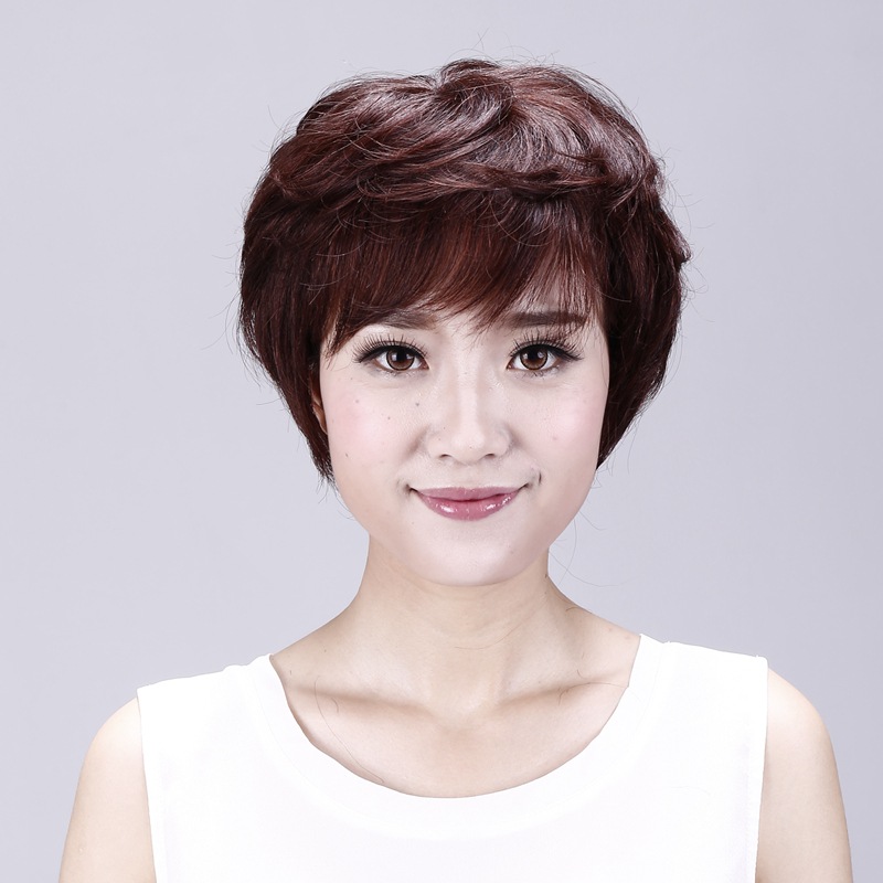 Wig Female Short Curly Hair Fashionable Dark Brown Natural Fluffy Breathable Female Human Hair Short Curly Hair One-piece Hair Replacement