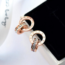 鍍18K金防過敏歐美時尚羅馬圈鋯石彩金鈦鋼玫瑰金百搭耳釘耳環