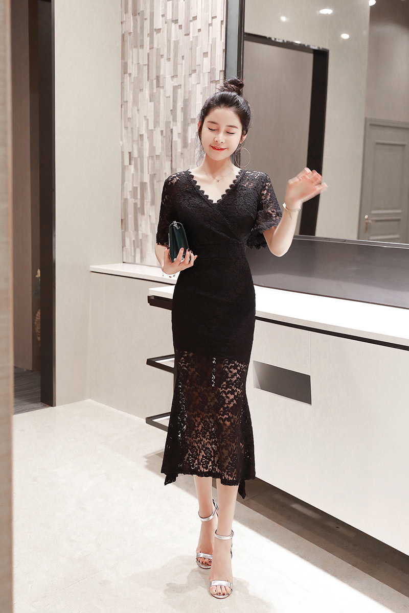 Đầm nữ cổ chữ V ren ôm body dáng dài — Màu đen chi tiết 13