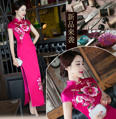 Fuchsia flowers chinese dresses long qipao dress fashion mom old stage shows the party etiquette cheongsam