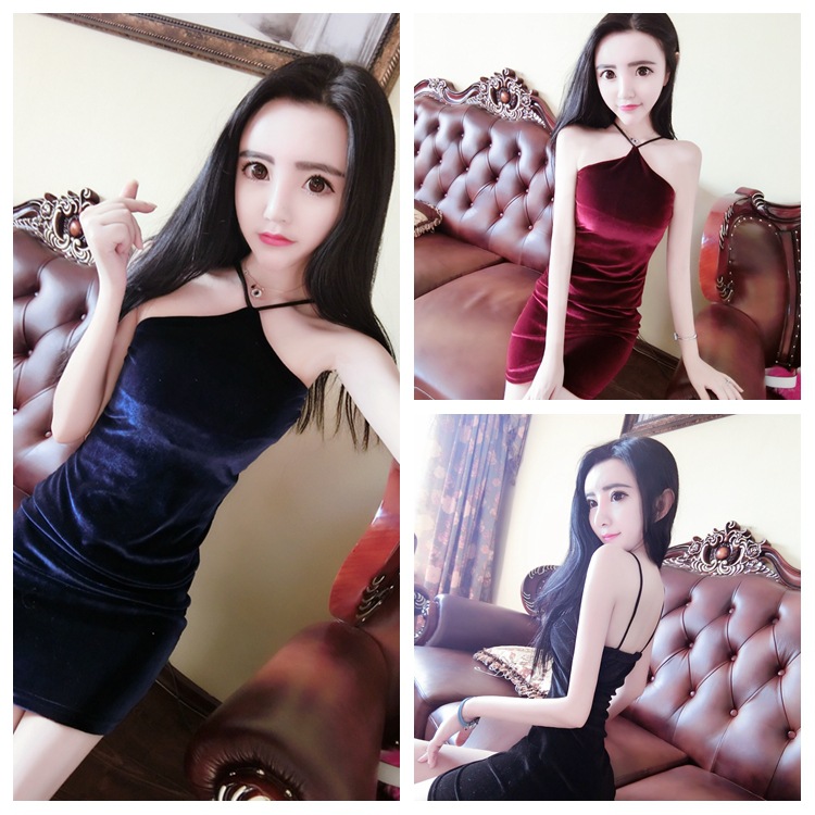 2017春装新款欧美时尚性感金丝绒吊带露肩包臀夜店连衣裙