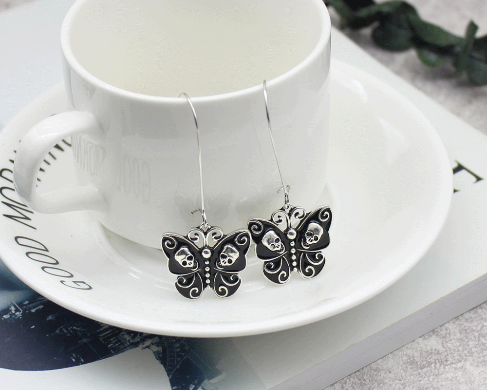 Holiday, Carnival, Street Occasion Alloy Material Halloween Festival 1 Pair Halloween Punk Streetwear Butterfly Skull Alloy Drop Earrings
