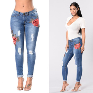 New style foreign trade female hole embroidered high waist jeans