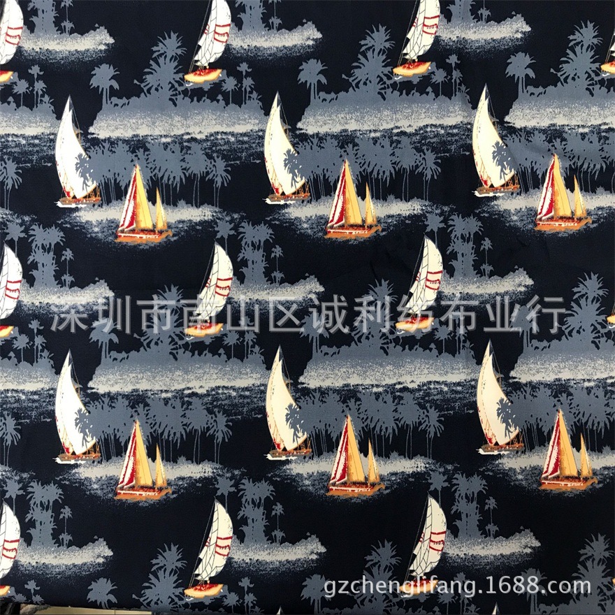 全棉活性帆船树印花布 沙滩裤装童装 连衣裙印花布夏衬衫印花面料