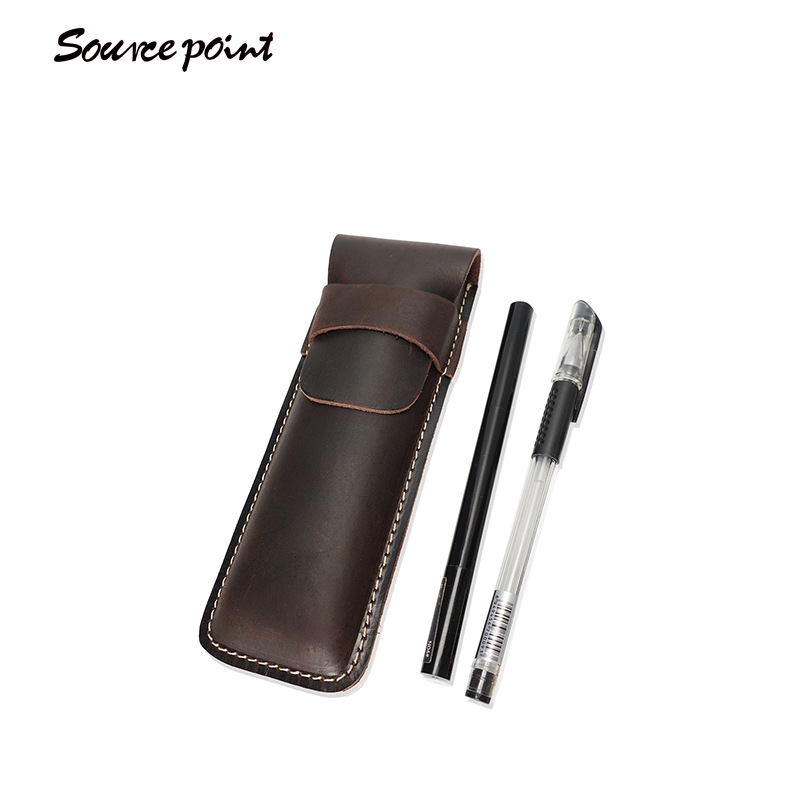 源点头层牛皮笔袋复古潮流男女通用真皮笔袋竖款插扣工厂直销新款