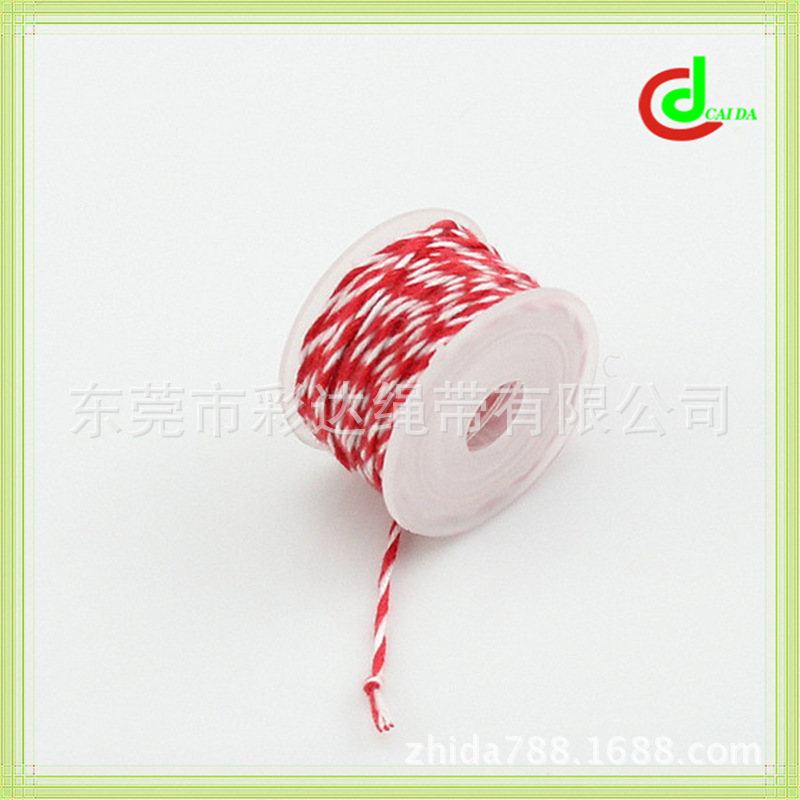 新品推荐   1-1.2MM粗红色间白色双色扭绳  2股编织纯棉细绳子diy