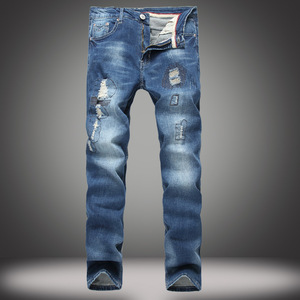 European and American elastic straight tube jeans made of old jeans