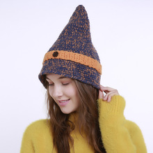 純手工編織秋冬新款小尖頭一個紐扣針織毛線混色帽子女巫尖尖帽