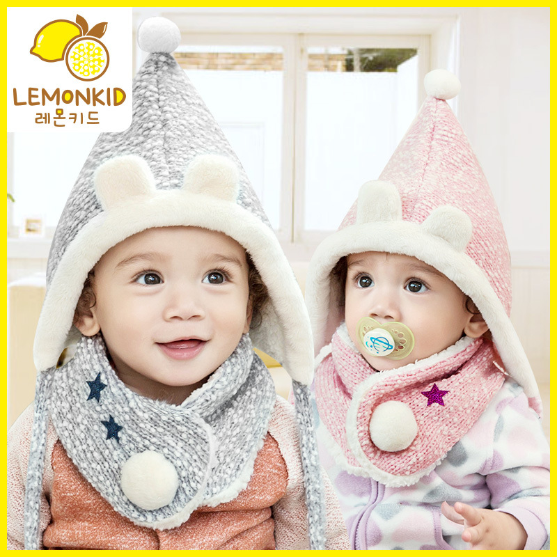 檸檬寶寶韓國秋冬保暖加絨套裝卡通絨球帽子圍巾二件套針織帽子