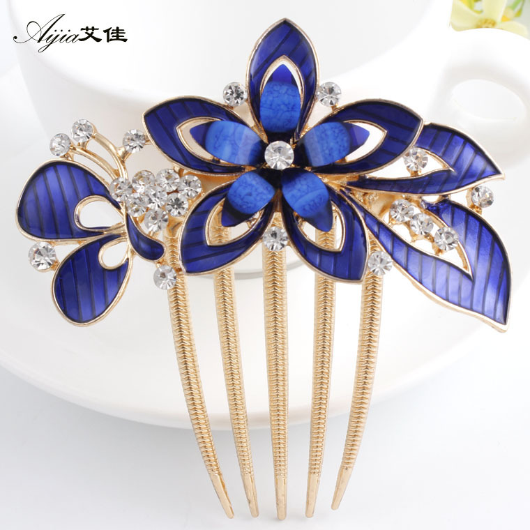 盘发饰品头饰水钻锆石花朵精美发梳盘发插梳五齿梳厂家直销代发