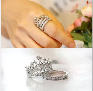 W048韩国首饰 新款时尚女王派对百搭甜美水钻皇冠造型戒指两件套
