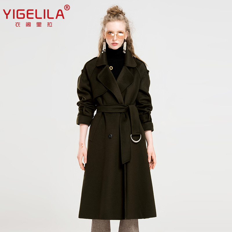 YIGELILA2018欧美秋冬新款纯手工双面呢纯羊毛翻领军绿色大衣9477