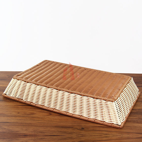PP Imitation Rattan Woven Basket Rectangular Bread Basket Commercial Super Display Cabinet Vegetable and Fruit Display Basket with Lid Western Food Pastry Basket