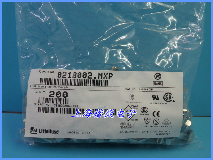 美国力特玻璃保险丝管0218002.MXP T2AL250V 5X20 慢熔断