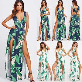 K8306  性感欧美数码印花开叉露背深V连体夜店裙