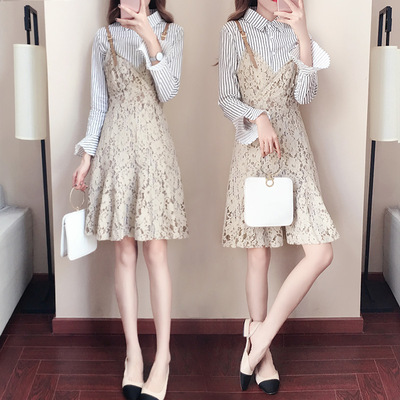 秋季套装女时尚两件套新款韩版学院气质条纹衬衫吊带蕾丝裙17926