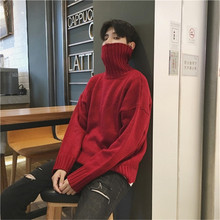 冬季情侣装高翻领毛衣男女韩版学生红色宽松套头加厚bf针织衫线衣