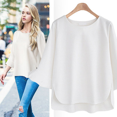 欧美大牌宽松喇叭袖上衣七分袖秋款打底衫超显瘦不规则下摆雪纺衫|ms