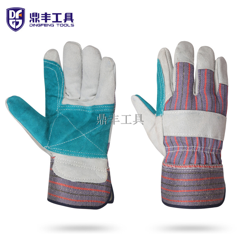牛皮加托工作手套 条纹布本色牛皮加绿托劳保防护耐磨割热手套