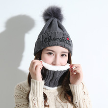 冬季女士新款毛線帽加絨加厚毛球針織帽戶外出行保暖圍脖帽子套裝