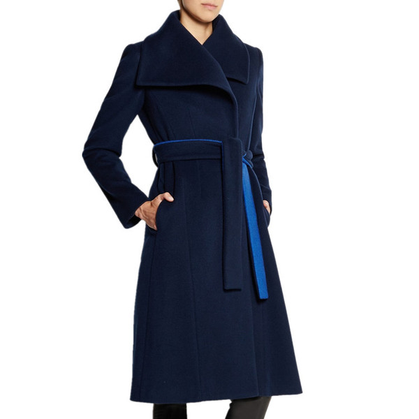 winter fashion Lapel long woolen jacket with color tie coat