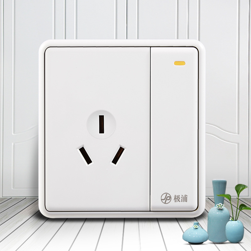 厂家直供极浦86型雅点白一开带16A双控空调插座面板大功率大3孔插